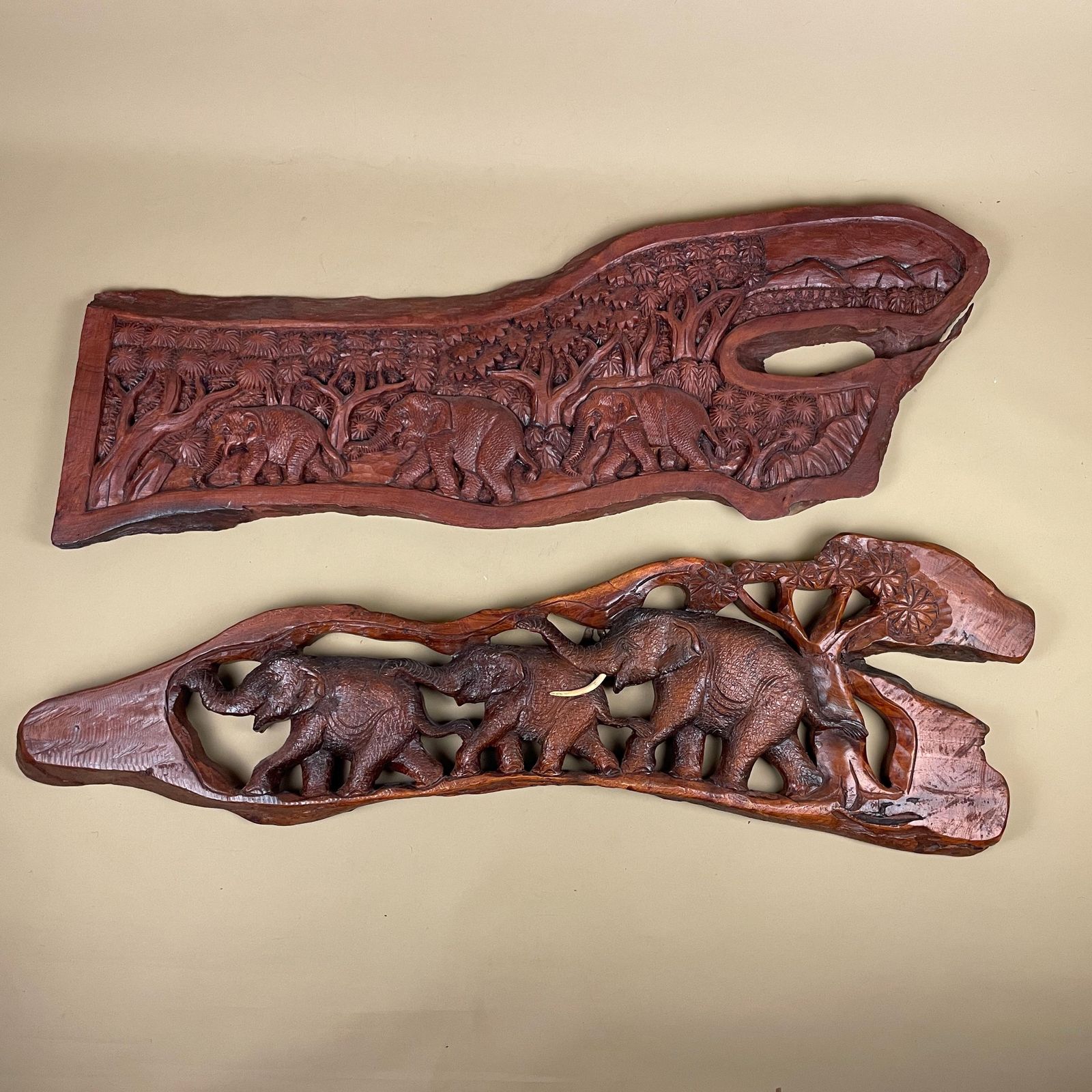 African Carved Elephant Panels Pair Handcrafted Wooden Wall Art Vintage Safari Tribal Carving Wildlife Decor Handmade Africa Folk Art
