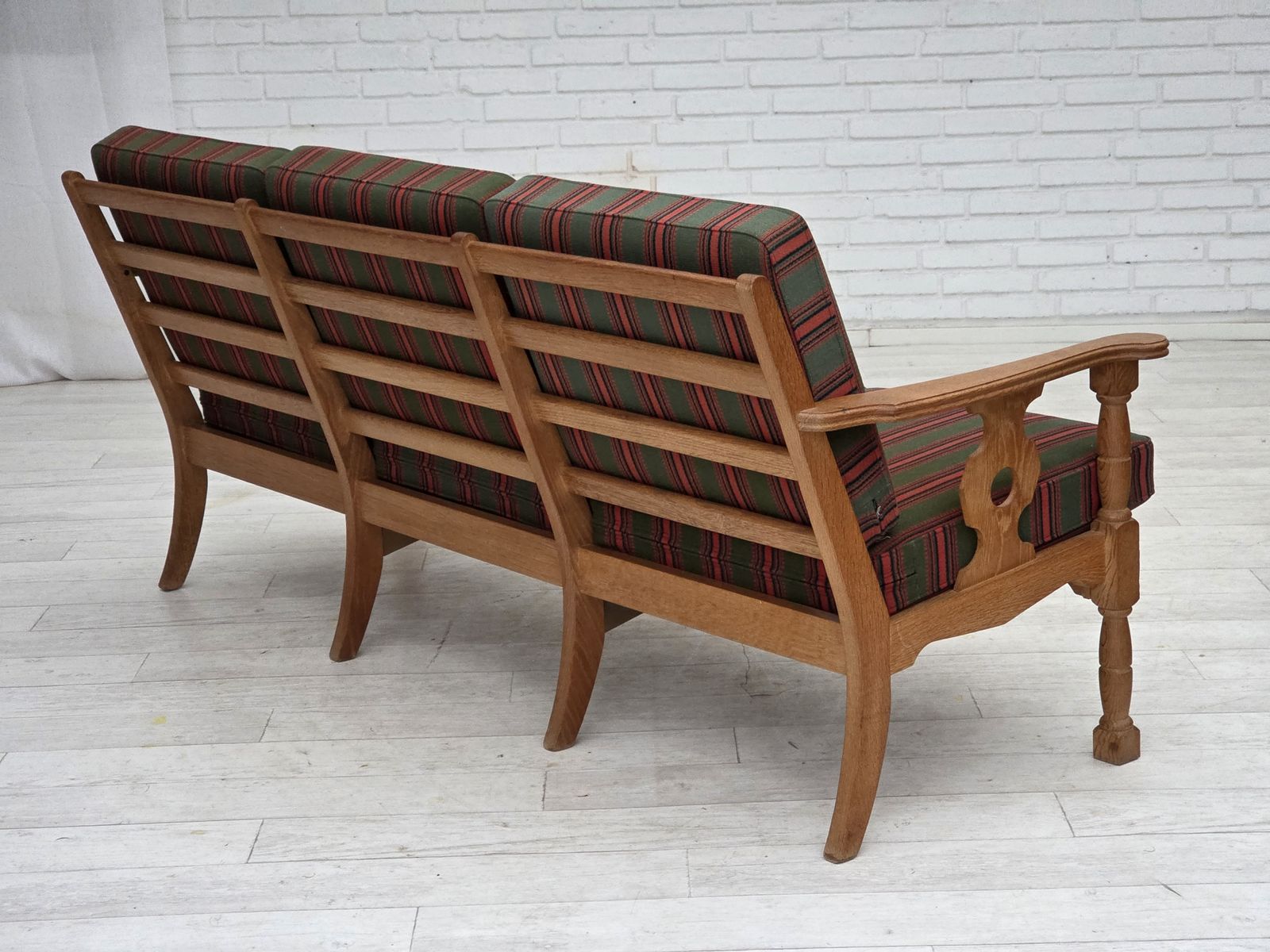photo buy 1970s, Danish 3 Seater Sofa, Green Furniture Wool, Oak Wood.