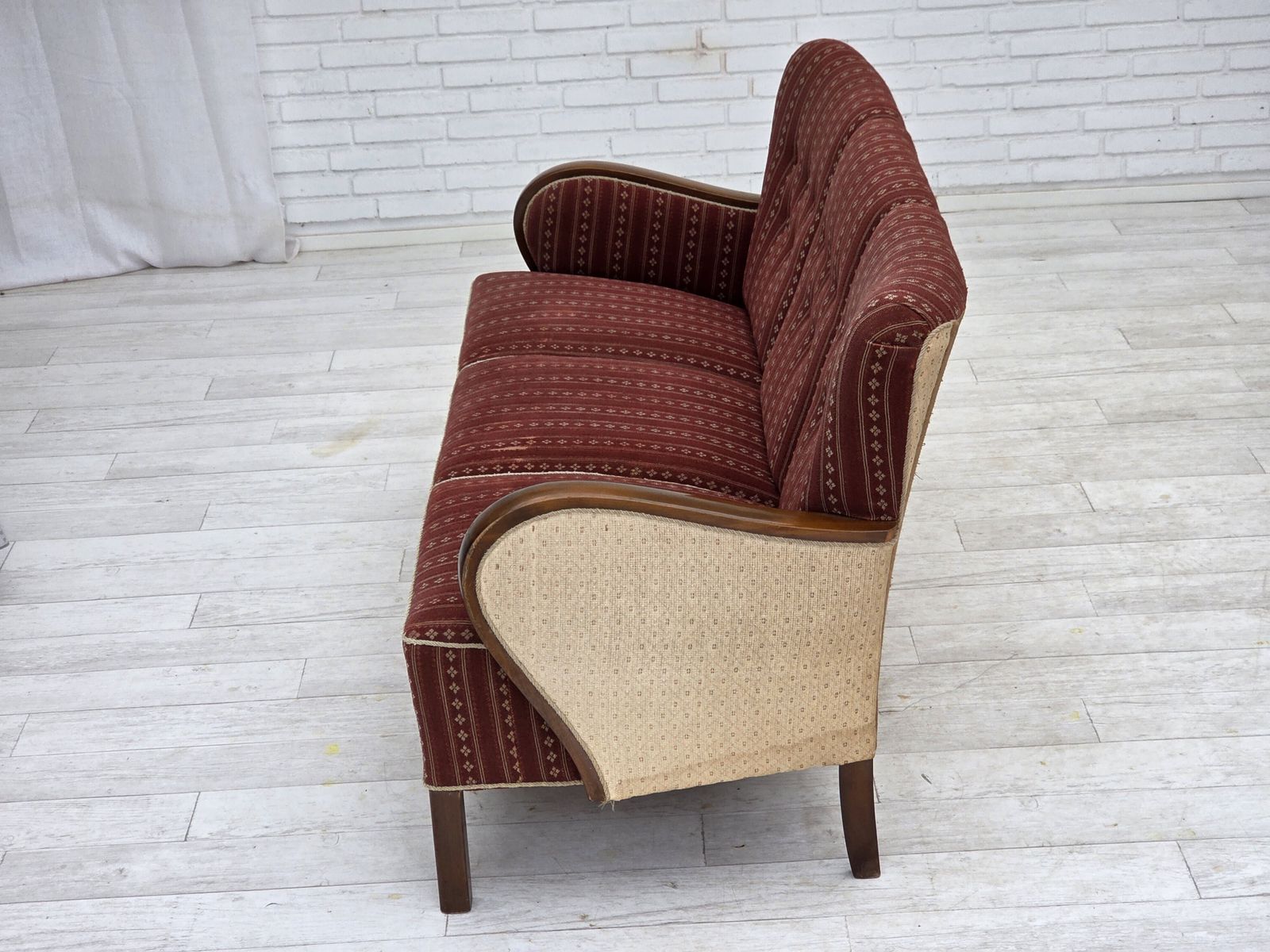 photo for sale 1960s, Danish 3 Seater Sofa, Red Furniture Wool, Beech Wood.