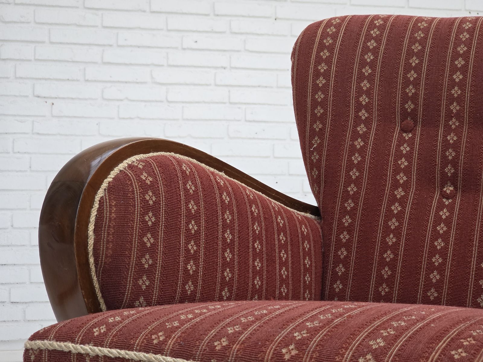 1960s, Danish 3 Seater Sofa, Red Furniture Wool, Beech Wood. photo vintage