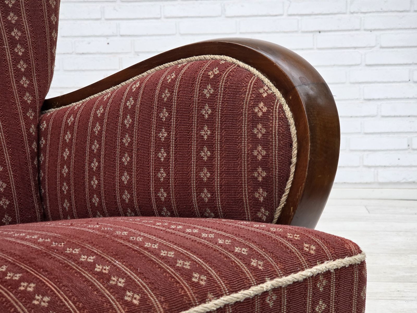 Furniture 1960s, Danish 3 Seater Sofa, Red Furniture Wool, Beech Wood. photo