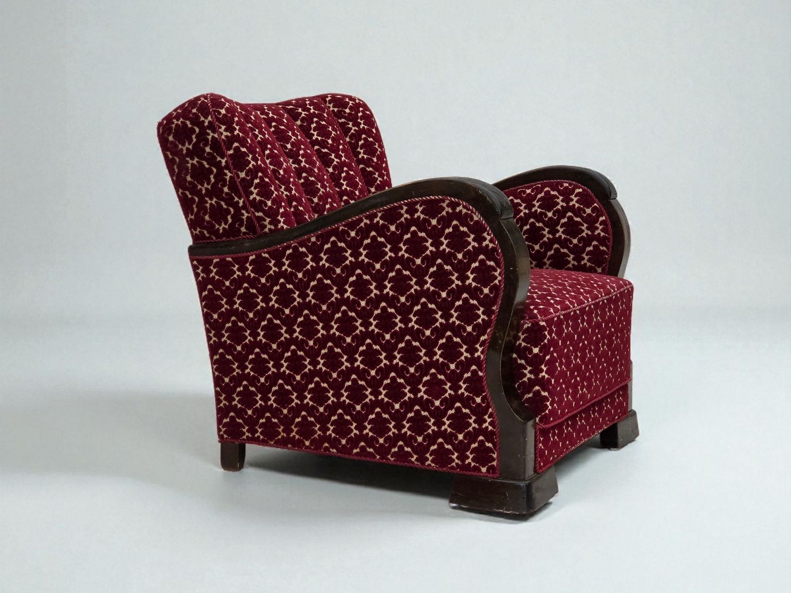 1960s, Danish Armchair, Cherry Red Furniture Velour, Oak Wood.