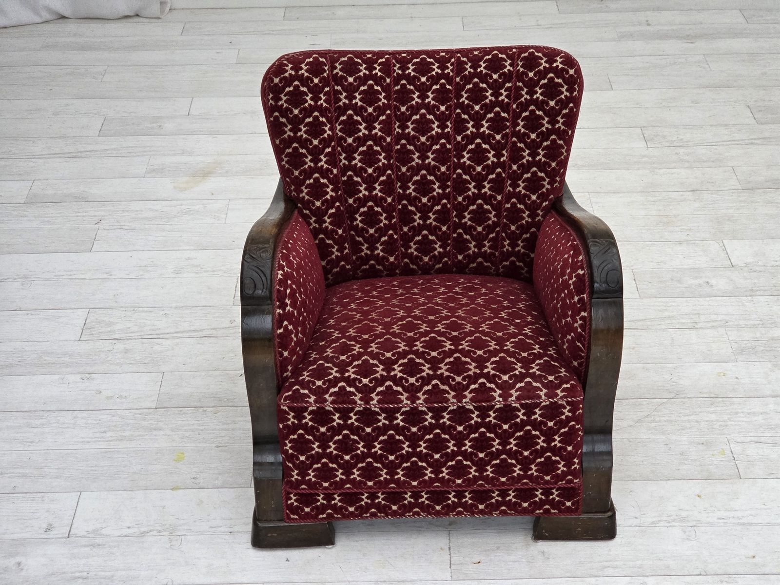1960s, Danish Armchair, Cherry Red Furniture Velour, Oak Wood. photo vintage