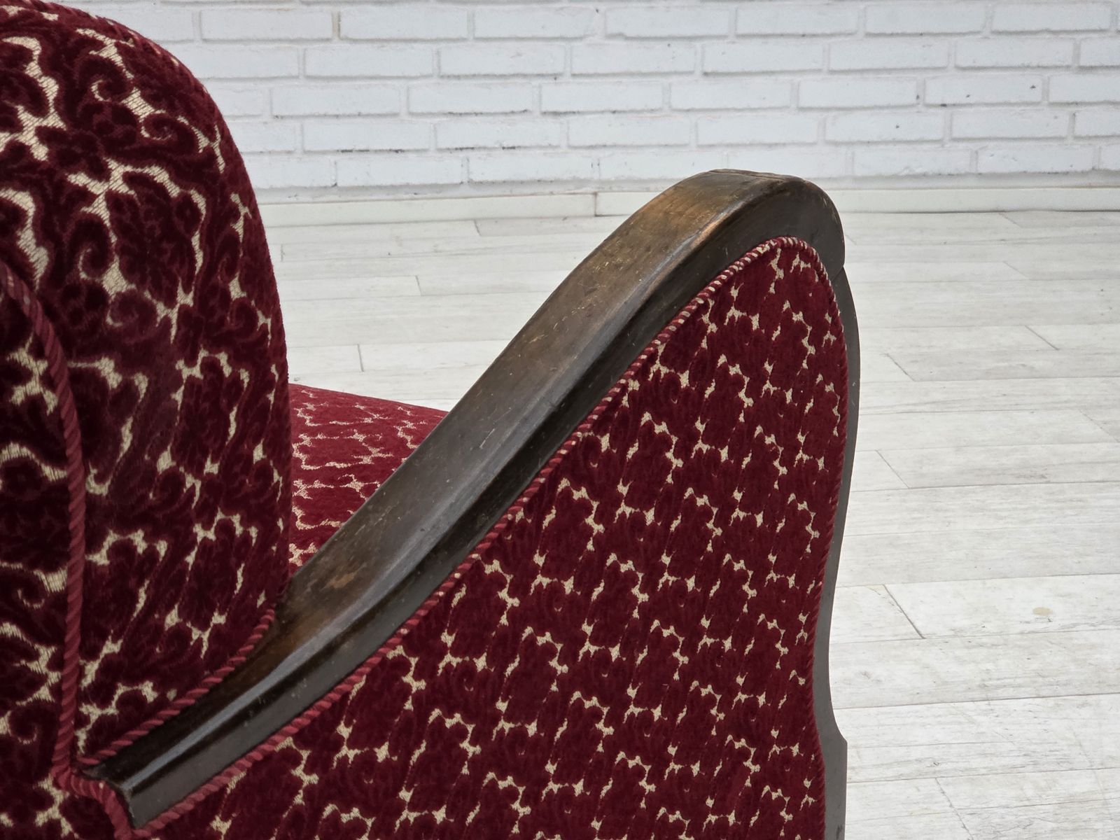 1190.0 1960s, Danish Armchair, Cherry Red Furniture Velour, Oak Wood. photo