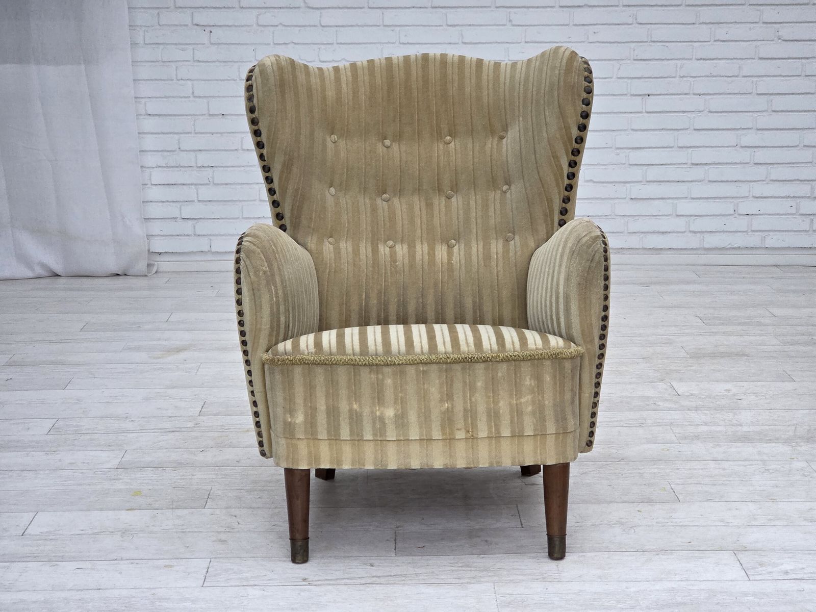 1960s, Danish Armchair, Light Green Furniture Velour, Beech Wood. photo 1190.0
