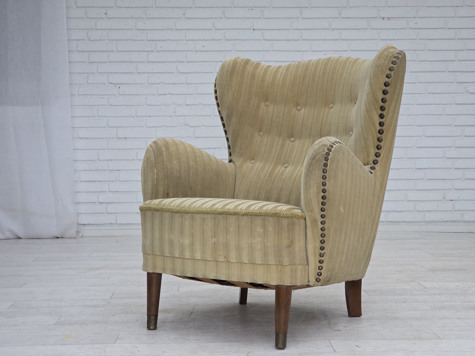 1960s, Danish Armchair, Light Green Furniture Velour, Beech Wood. photo vintage