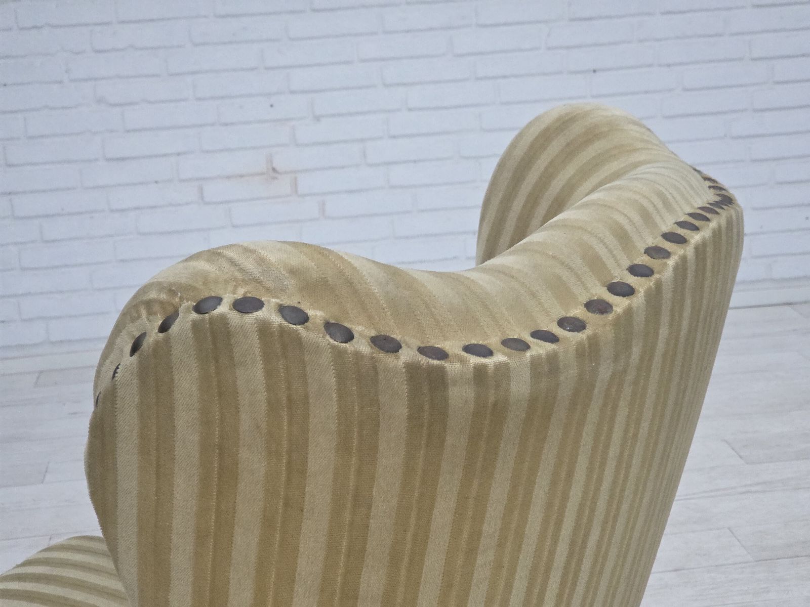 photo furniture 1960s, Danish Armchair, Light Green Furniture Velour, Beech Wood.