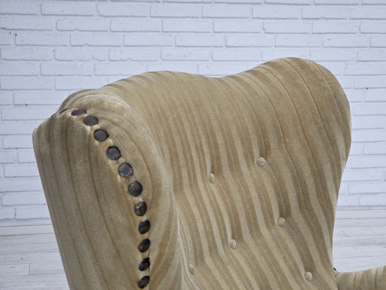 photo vinterior 1960s, Danish Armchair, Light Green Furniture Velour, Beech Wood.