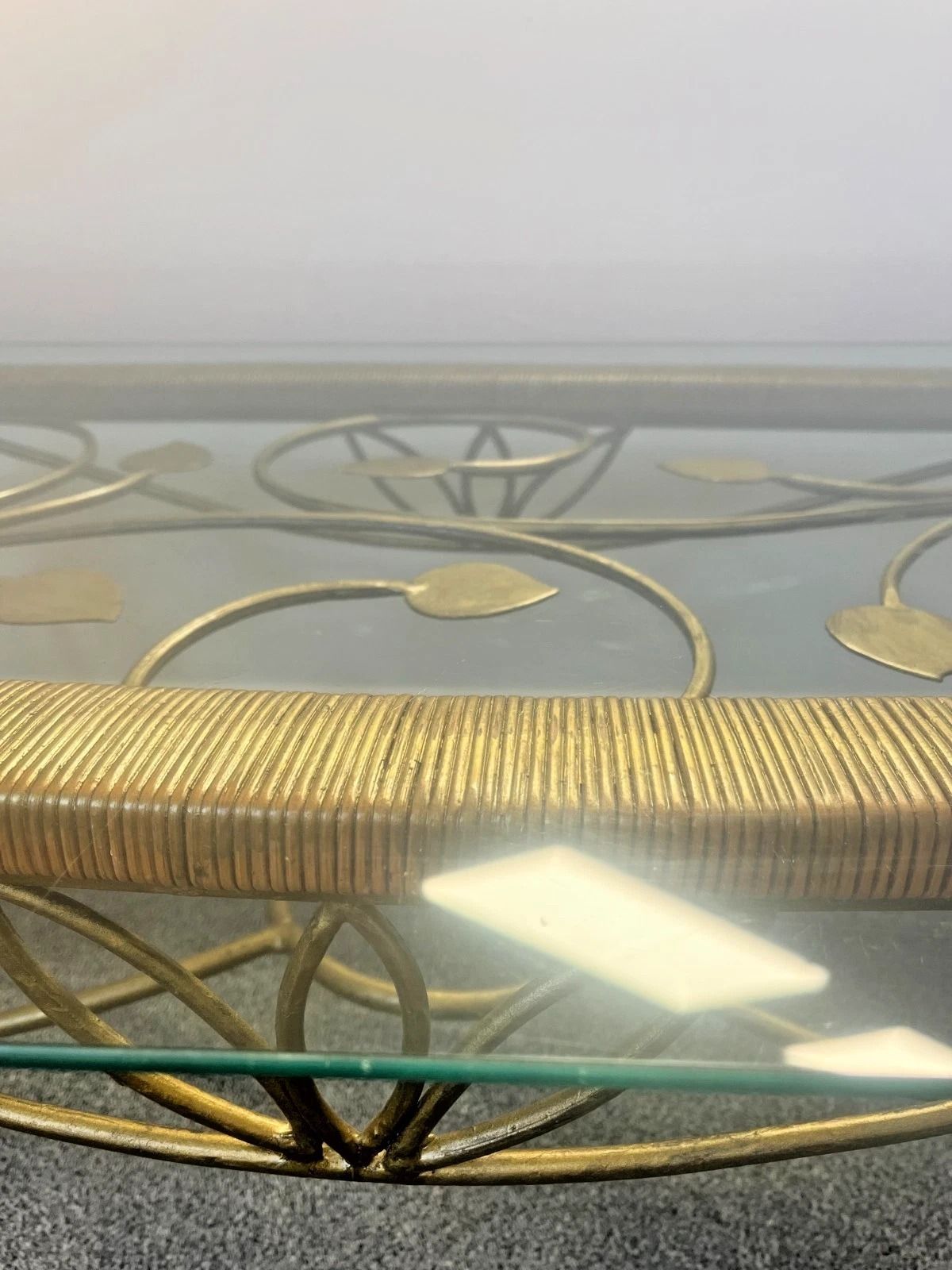Vintage Wrought Iron Gold Coffee Table W Bevelled Glass Top – Ornate Vine Design photo vintage