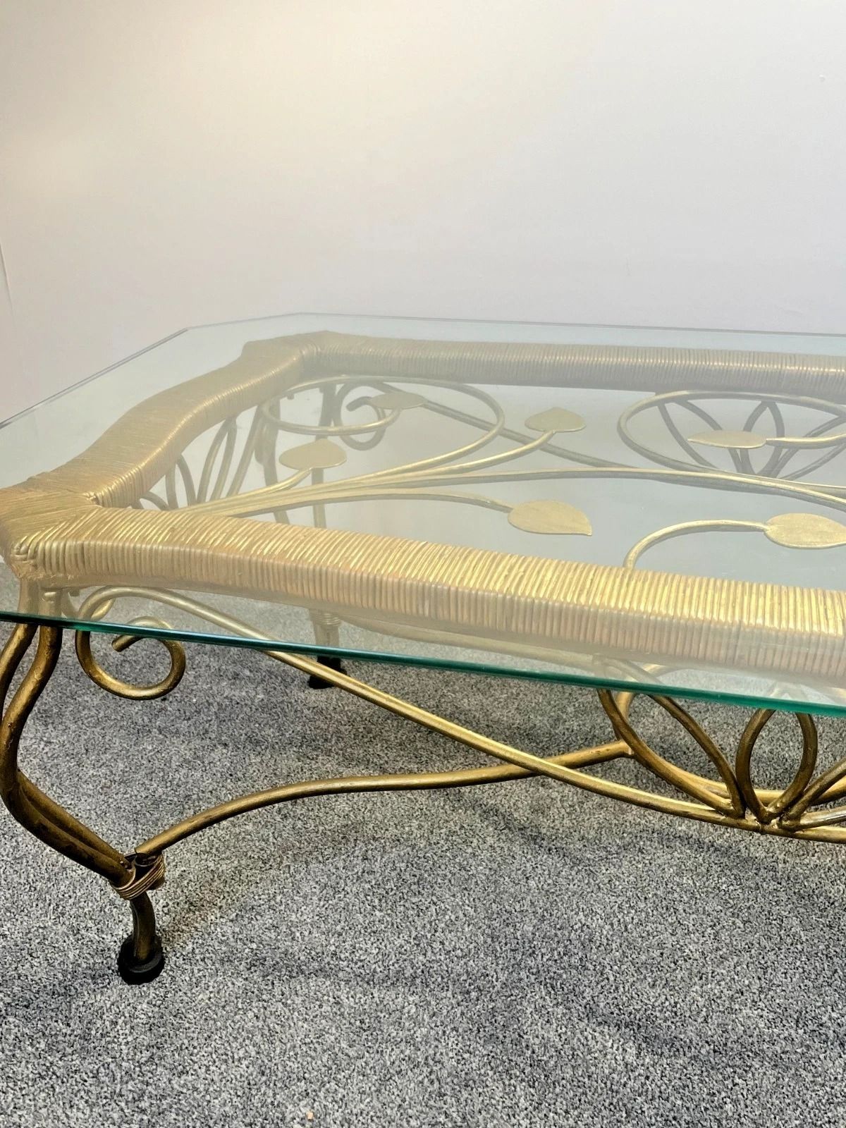 photo for sale Vintage Wrought Iron Gold Coffee Table W Bevelled Glass Top – Ornate Vine Design