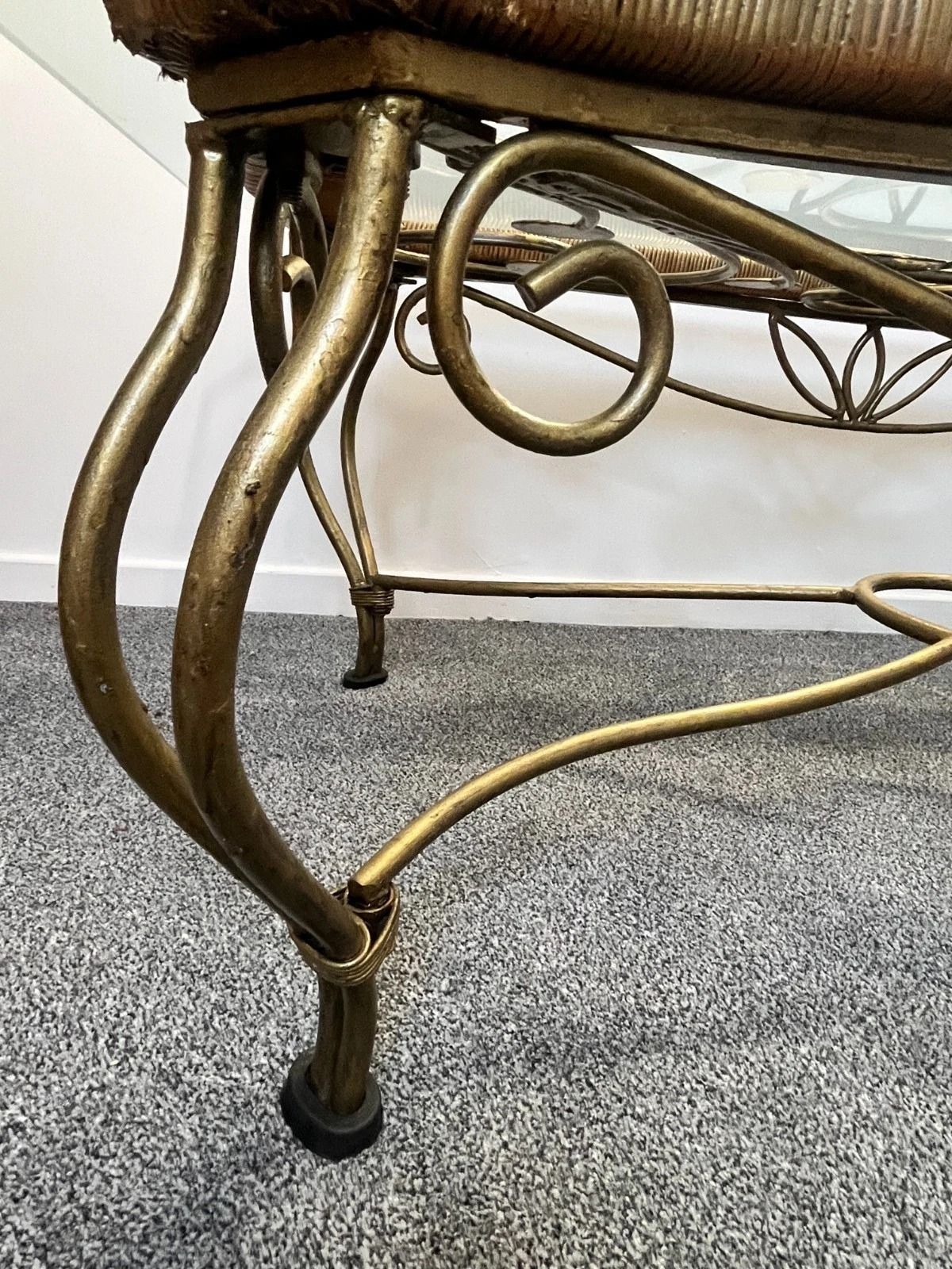 790.0 Vintage Wrought Iron Gold Coffee Table W Bevelled Glass Top – Ornate Vine Design photo