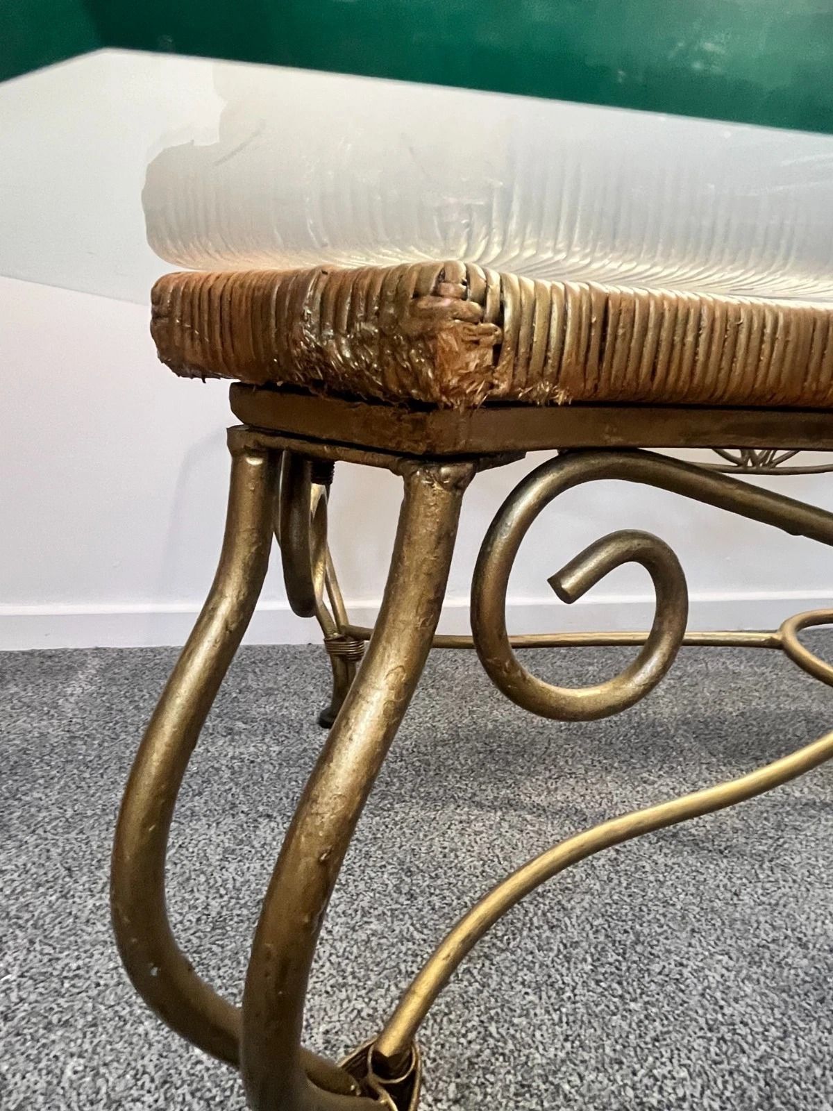 photo vintage Vintage Wrought Iron Gold Coffee Table W Bevelled Glass Top – Ornate Vine Design