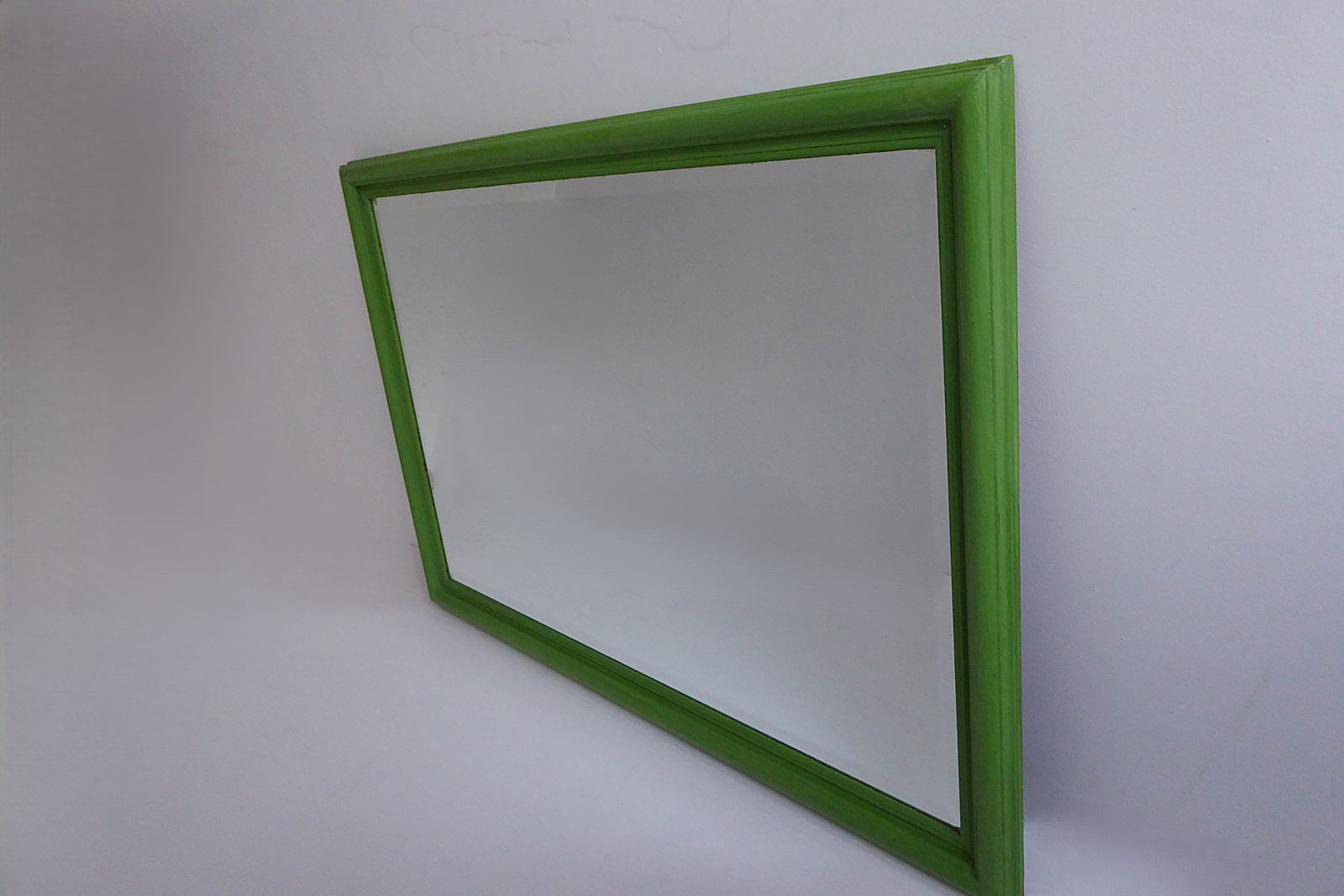 Antique Wall Mount Beveled Mirror With Painted Oak Frame