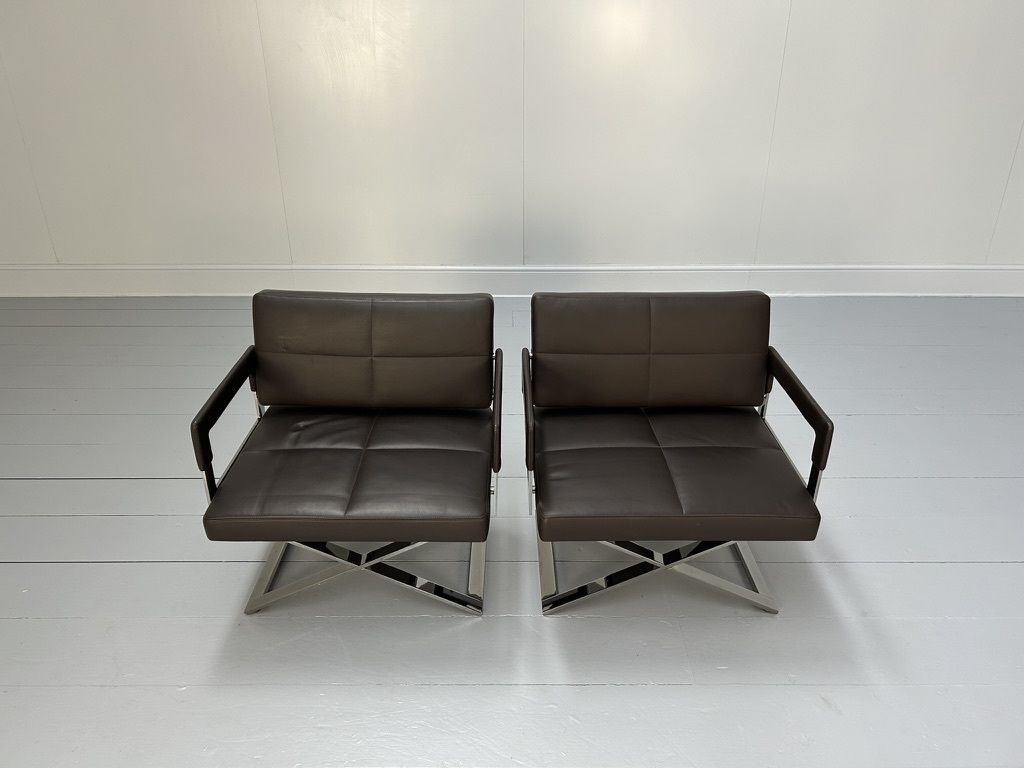 Pair Of Poltrona Frau “Aster X” Lounge Armchairs – In Dark Brown “Pelle Frau” Leather photo for sale