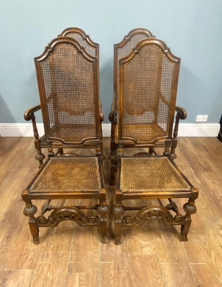 Set 4 Carved Chairs Cane Weaved Cromwellian Farmhouse 1890 photo Furniture
