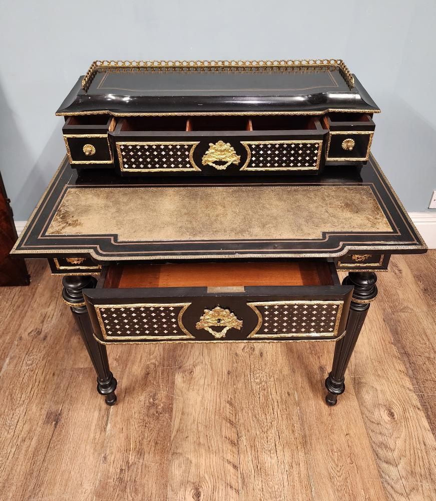 French Napoleon III Ebonised And Gilt Bronze Writing Desk Bonheur Du Jour 1880 photo vinterior