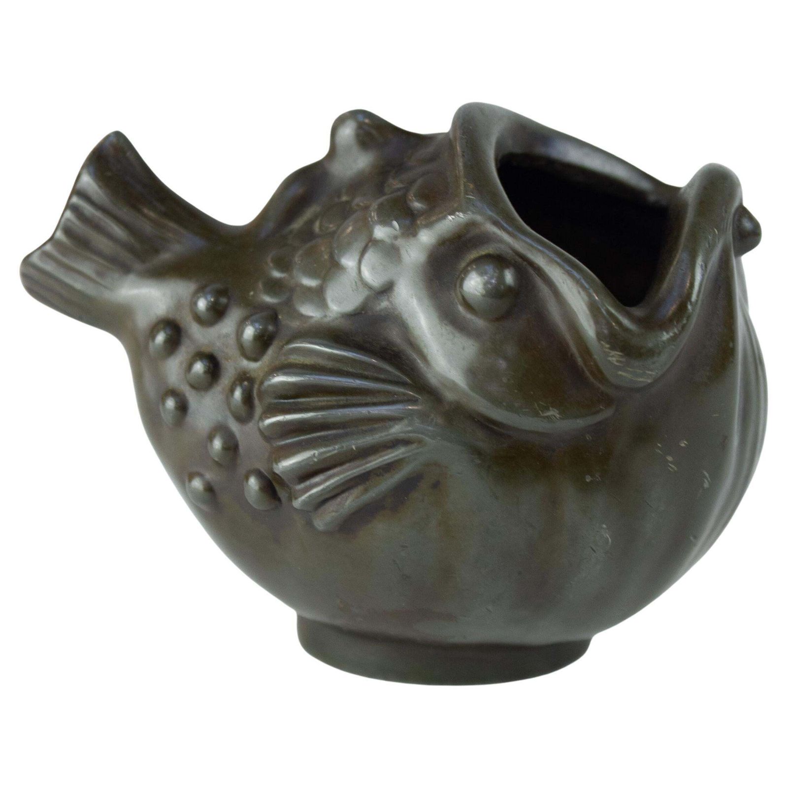 Danish Art Deco Fish Vase In Disko Metal By Just Andersen, 1930s.