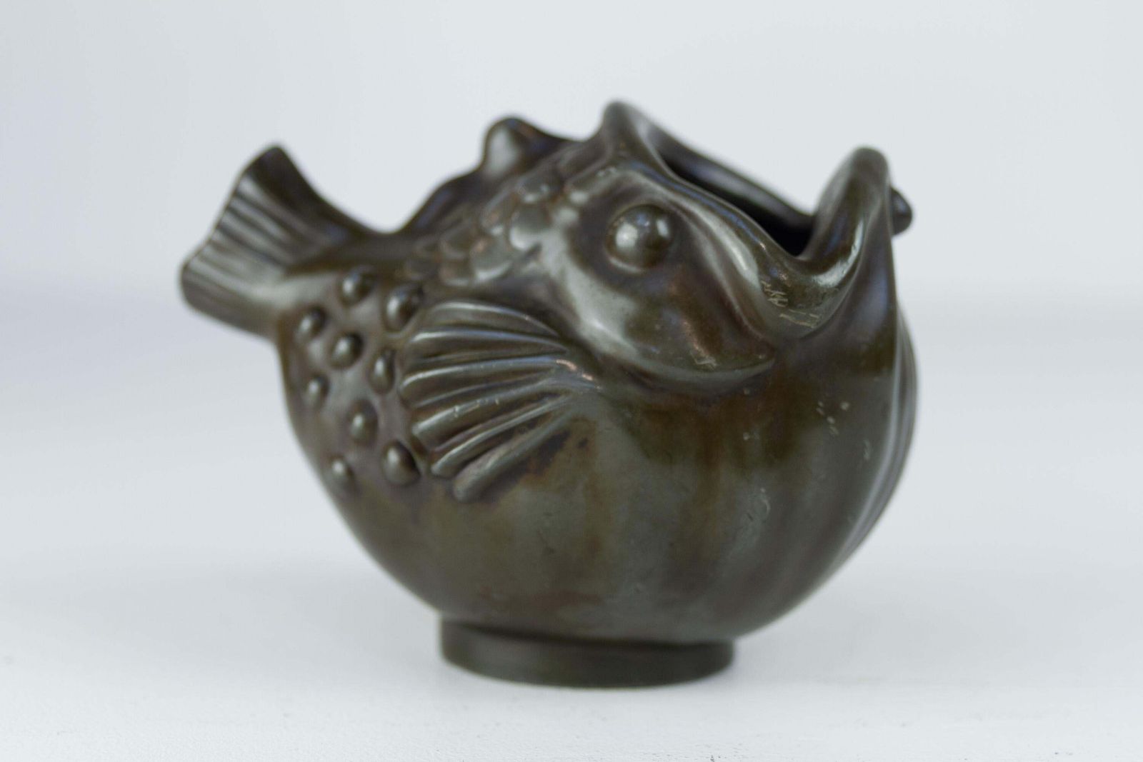 photo for sale Danish Art Deco Fish Vase In Disko Metal By Just Andersen, 1930s.