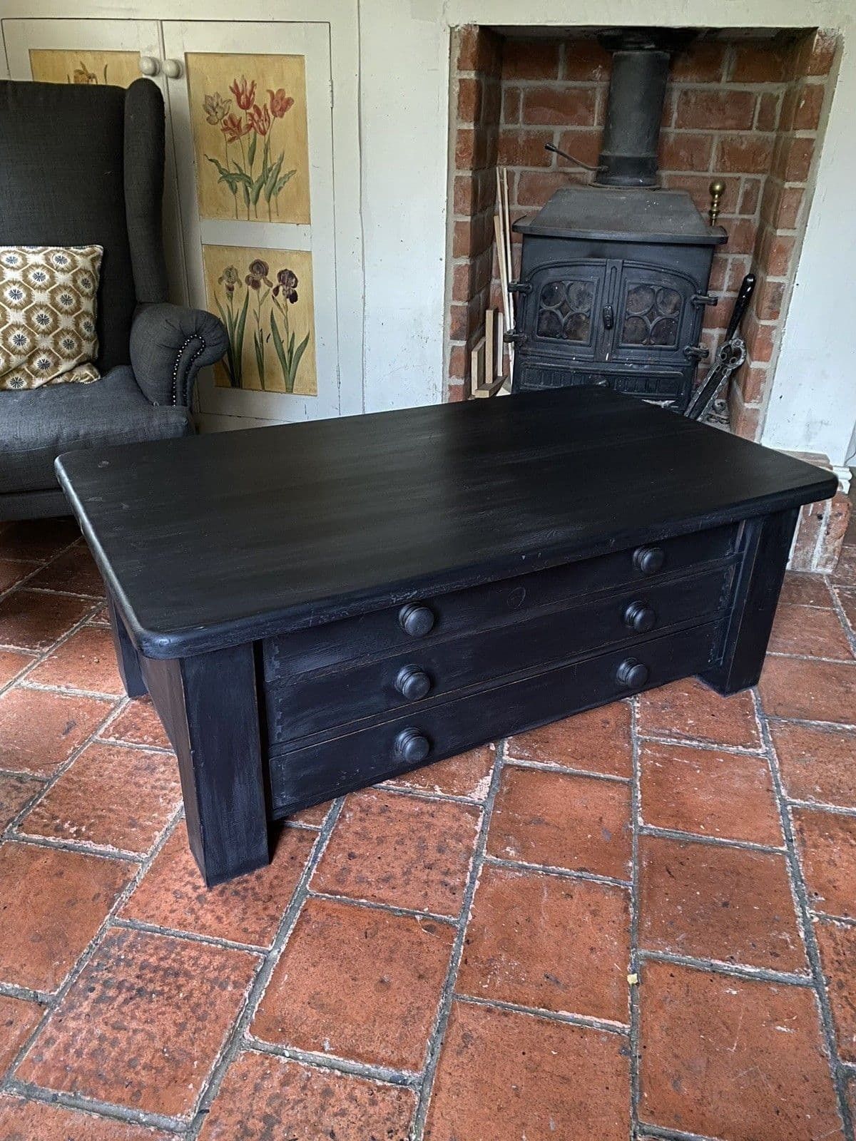 Large Black Painted Pine Late 20th Century Coffee Tv Table Plan Chest Style