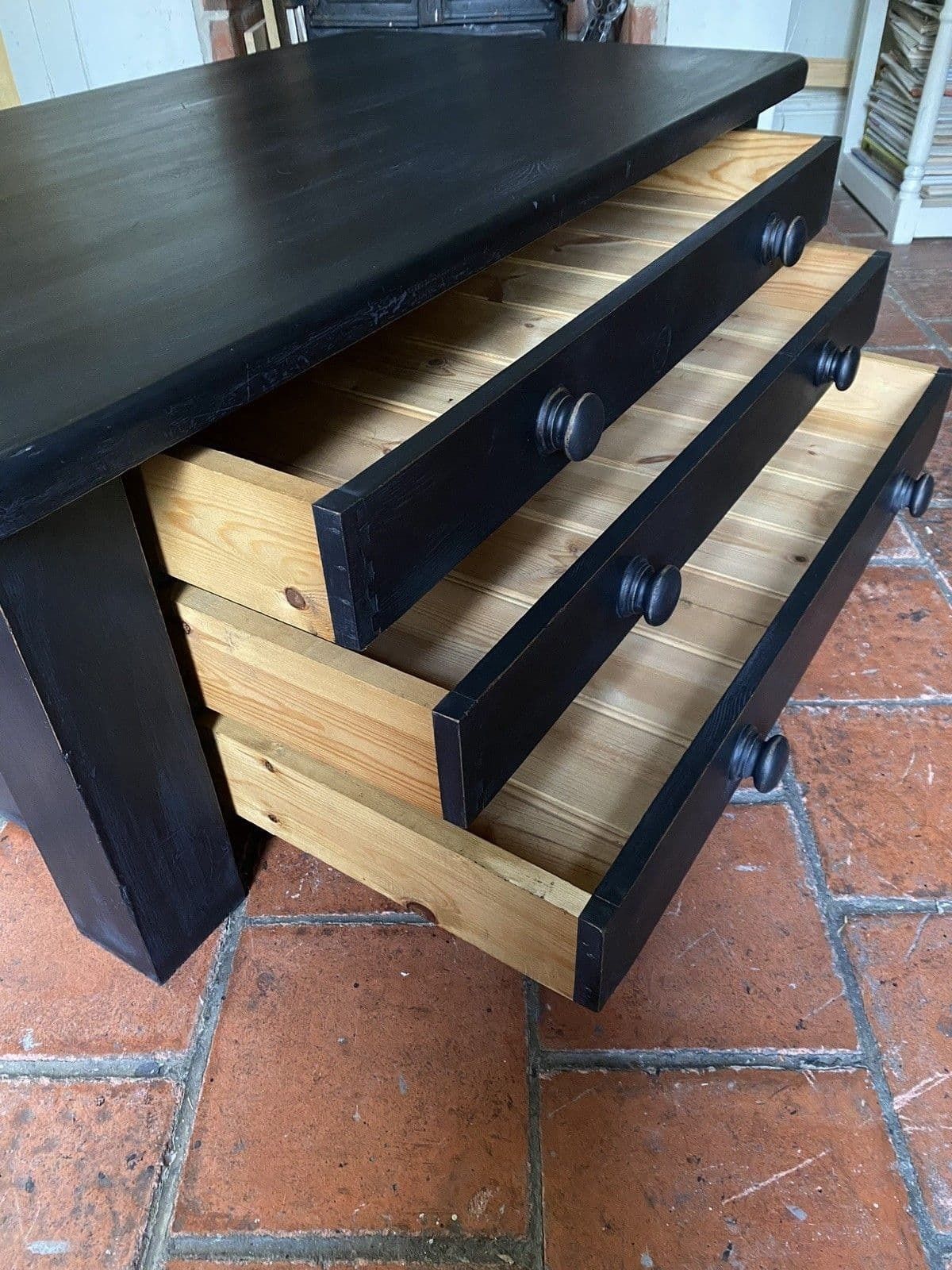 Large Black Painted Pine Late 20th Century Coffee Tv Table Plan Chest Style photo vintage