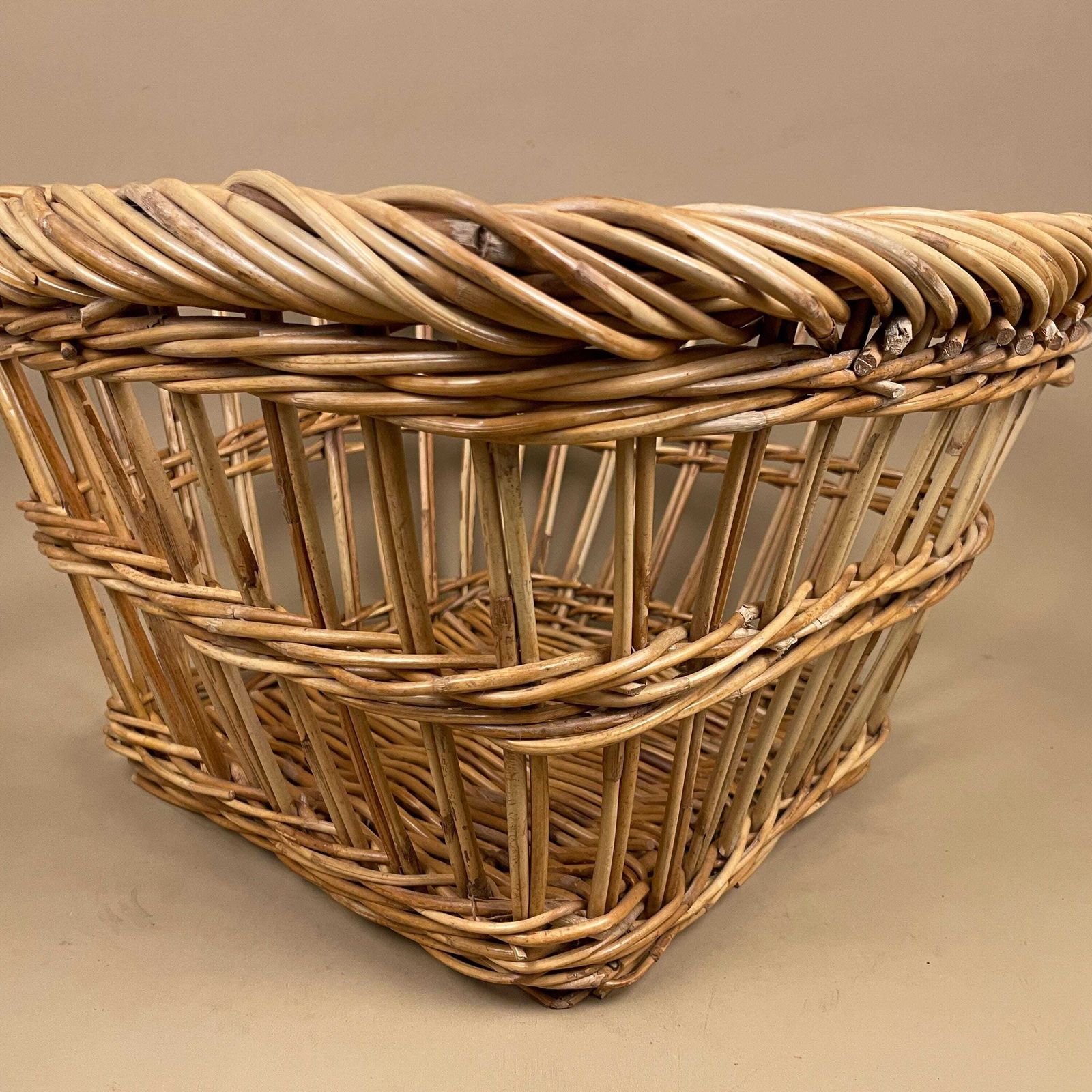 Vintage Basket Woven Wicker Vintage Log Storage Cottage Farmhouse Decor Brown Open Weave Square Handmade Fireside Fire photo vintage