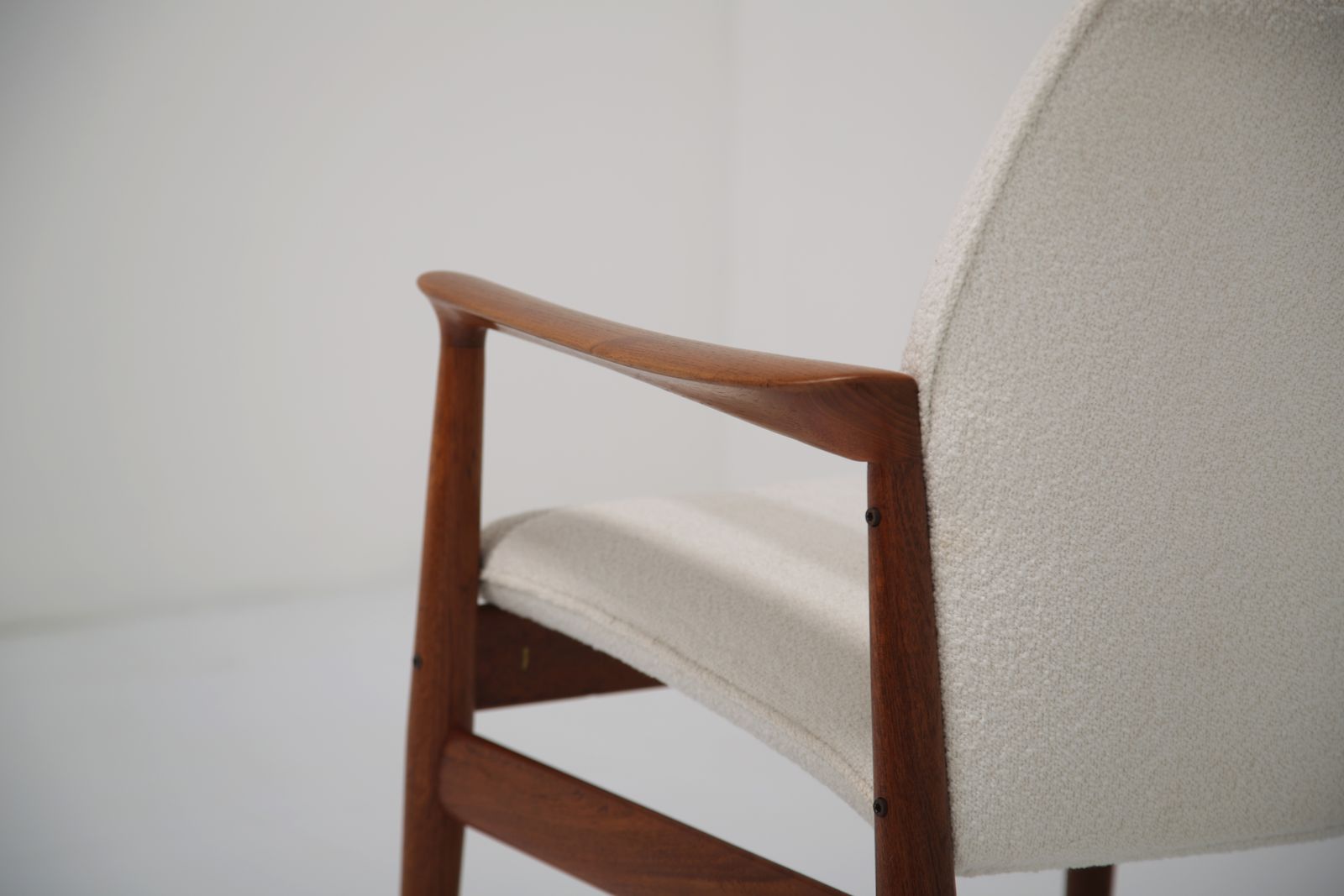 Grete Jalk Model 56 Armchair: Danish Teak & White Bouclé, Sculptural, Denmark, 1960s photo 1150.0
