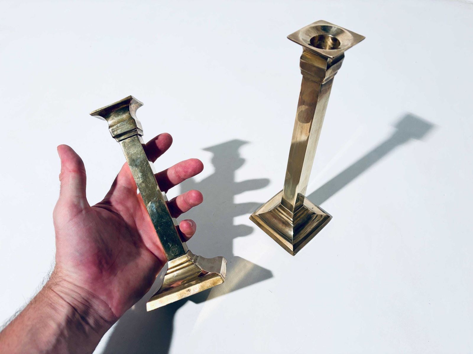 photo vinterior Two Brass Column Candle Holders / Hollywood Regency Classic Decor France