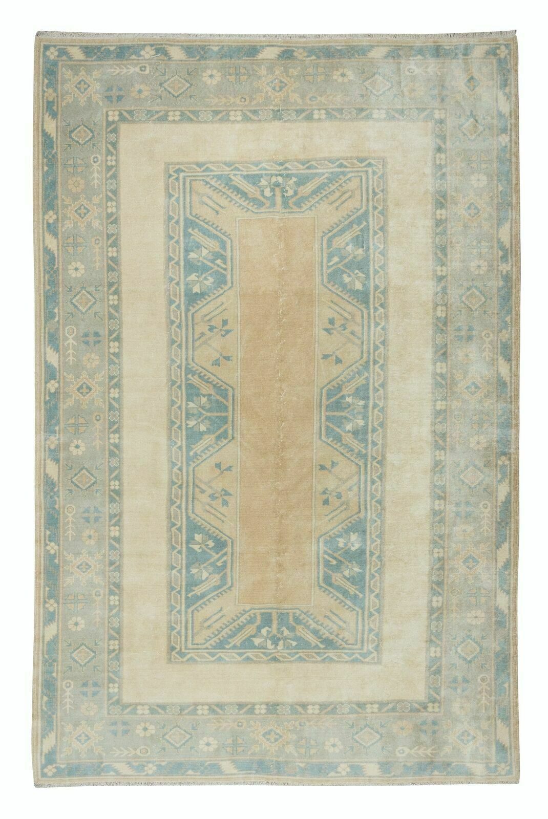 6.5x9.7 Ft Faded Hand Knotted Oushak Rug, Vintage Geometric Anatolian Carpet