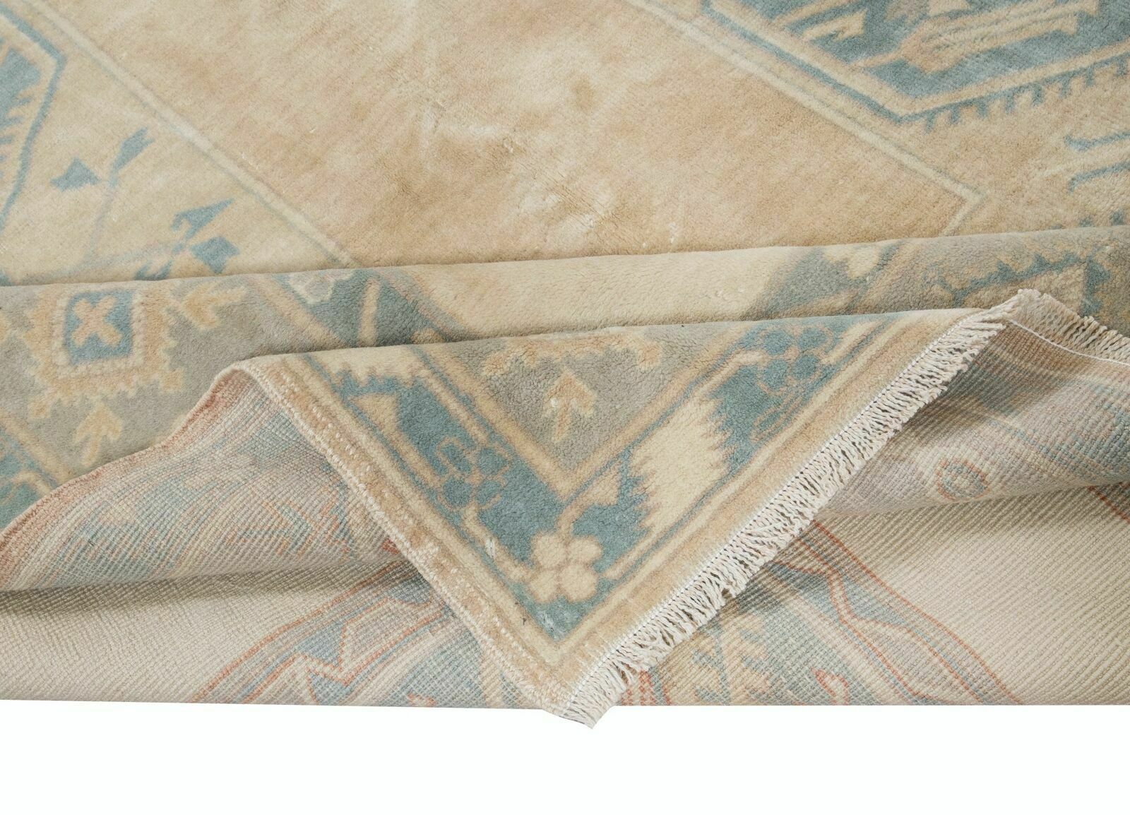 6.5x9.7 Ft Faded Hand Knotted Oushak Rug, Vintage Geometric Anatolian Carpet photo for sale