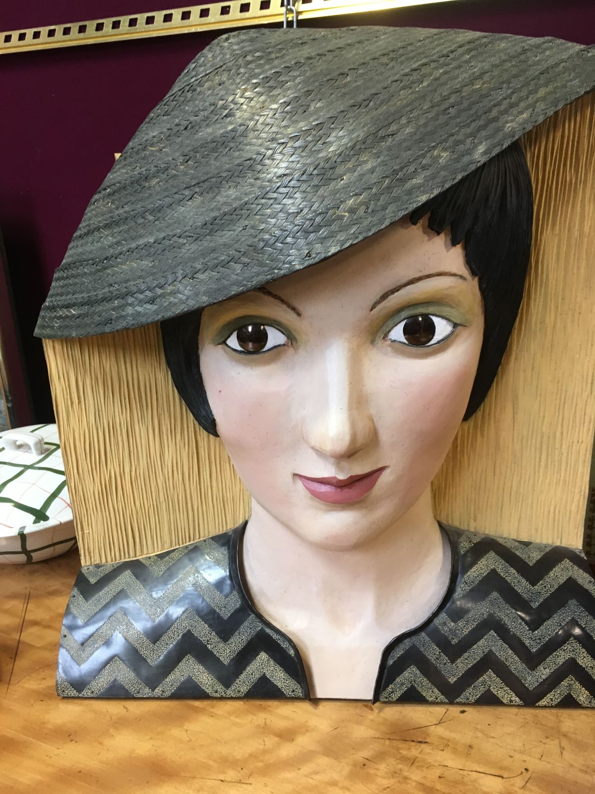 Eye Catching Sculpture By Caroline Matthaei   Sculpted Limewood Head, Copper Repoussage, Oil Painted Detail "Thea" photo vinterior