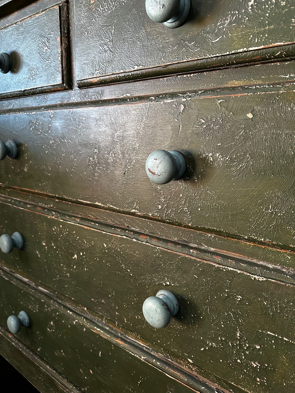 Solid Pine Retro Chest Of Drawers With Green Distressed Paint Finish photo furniture