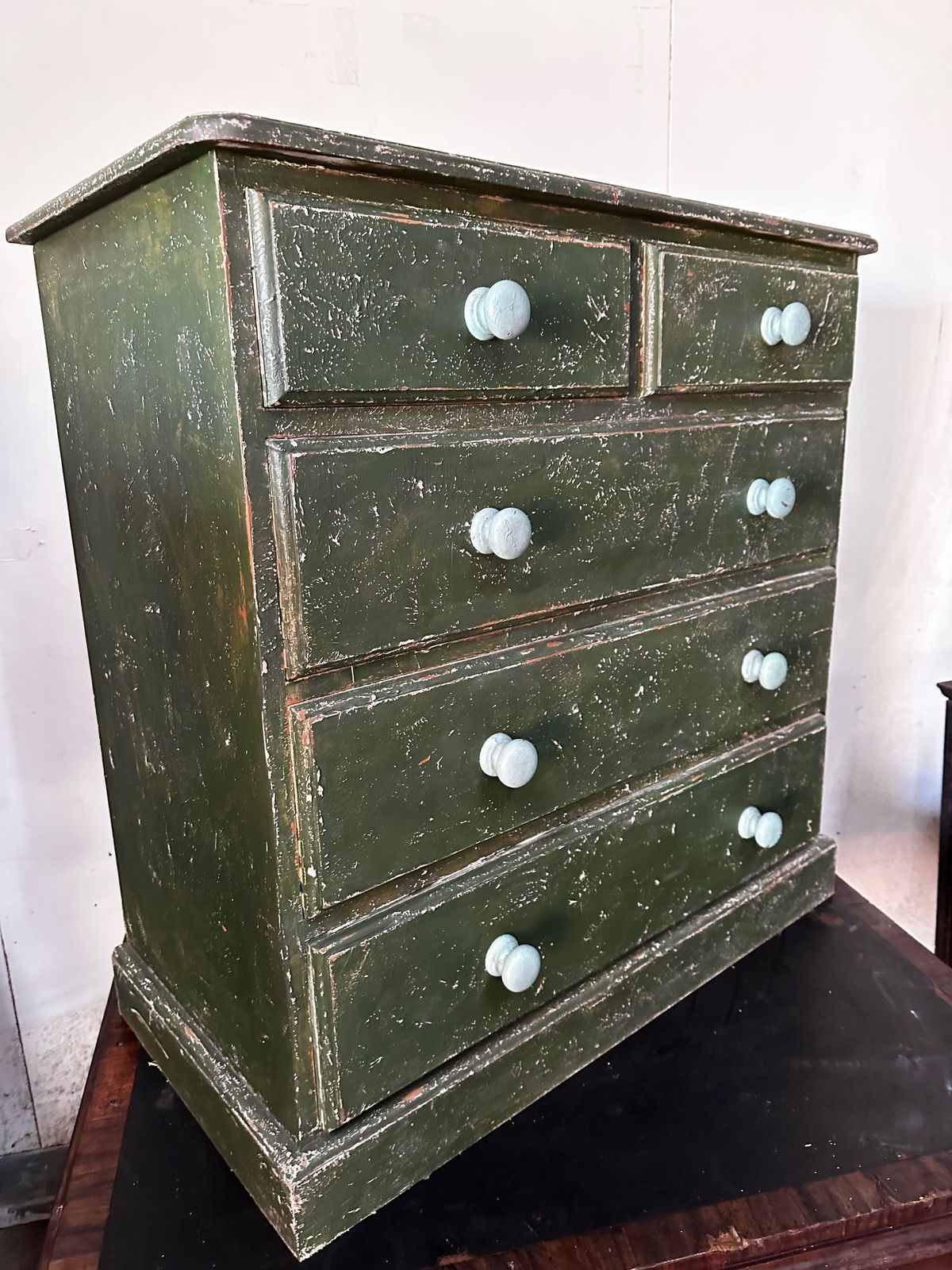 Solid Pine Retro Chest Of Drawers With Green Distressed Paint Finish photo vinterior