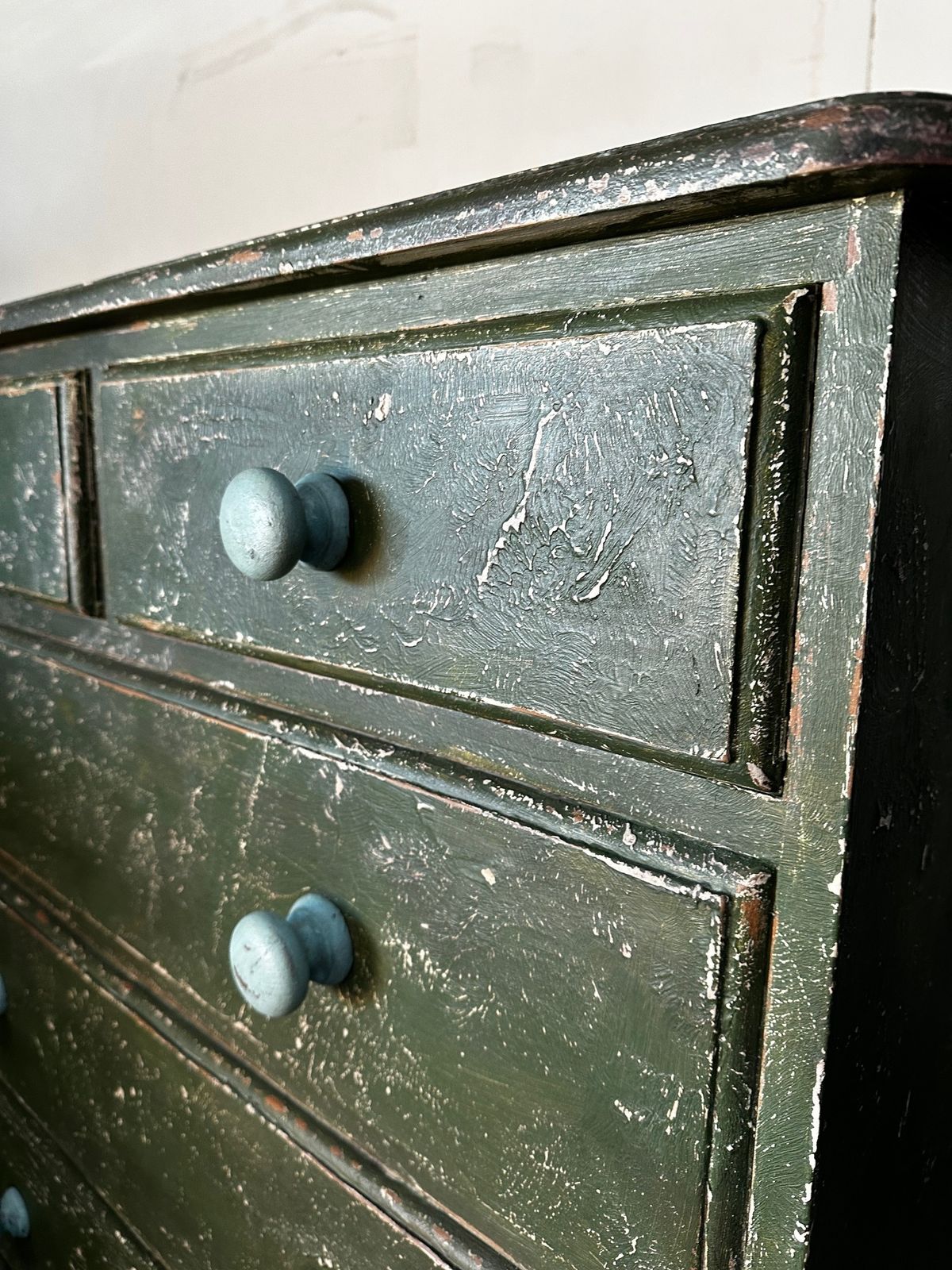 439.0 Solid Pine Retro Chest Of Drawers With Green Distressed Paint Finish photo