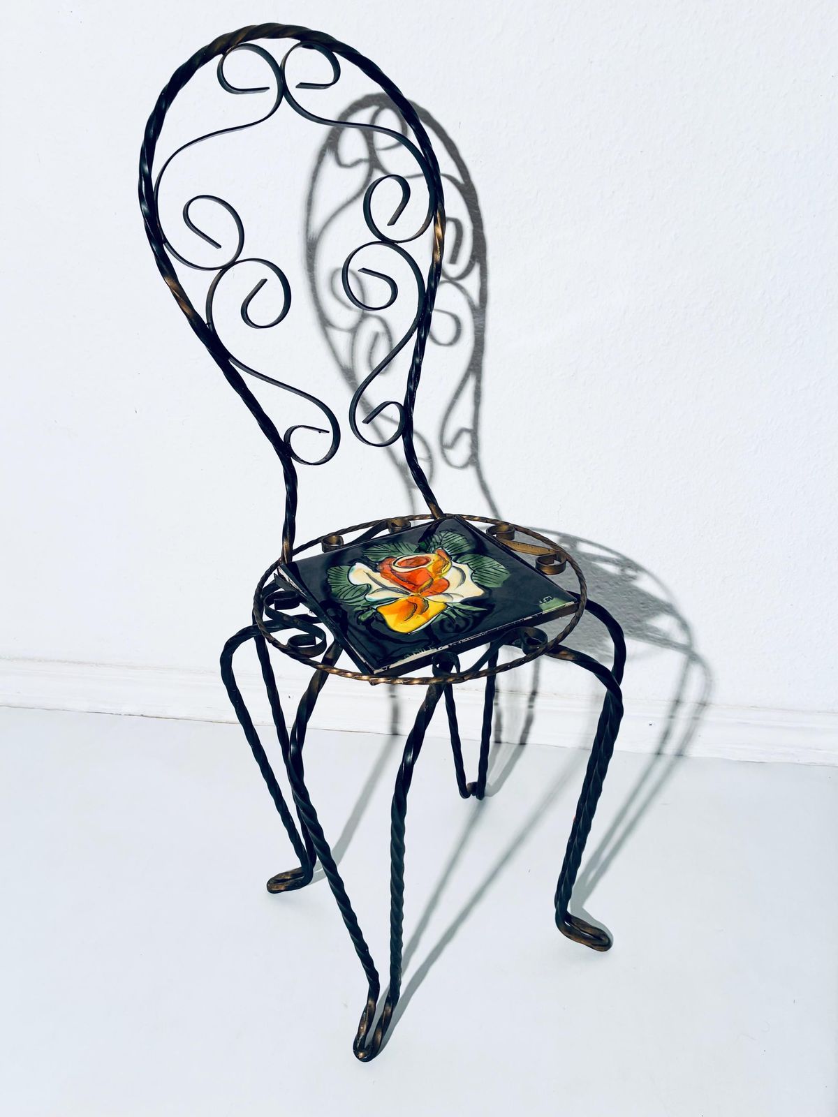 1950s Cast Iron Flower Stand Chair With Vallauris Ceramic Tile Flower Motif / Vintage French Design photo for sale