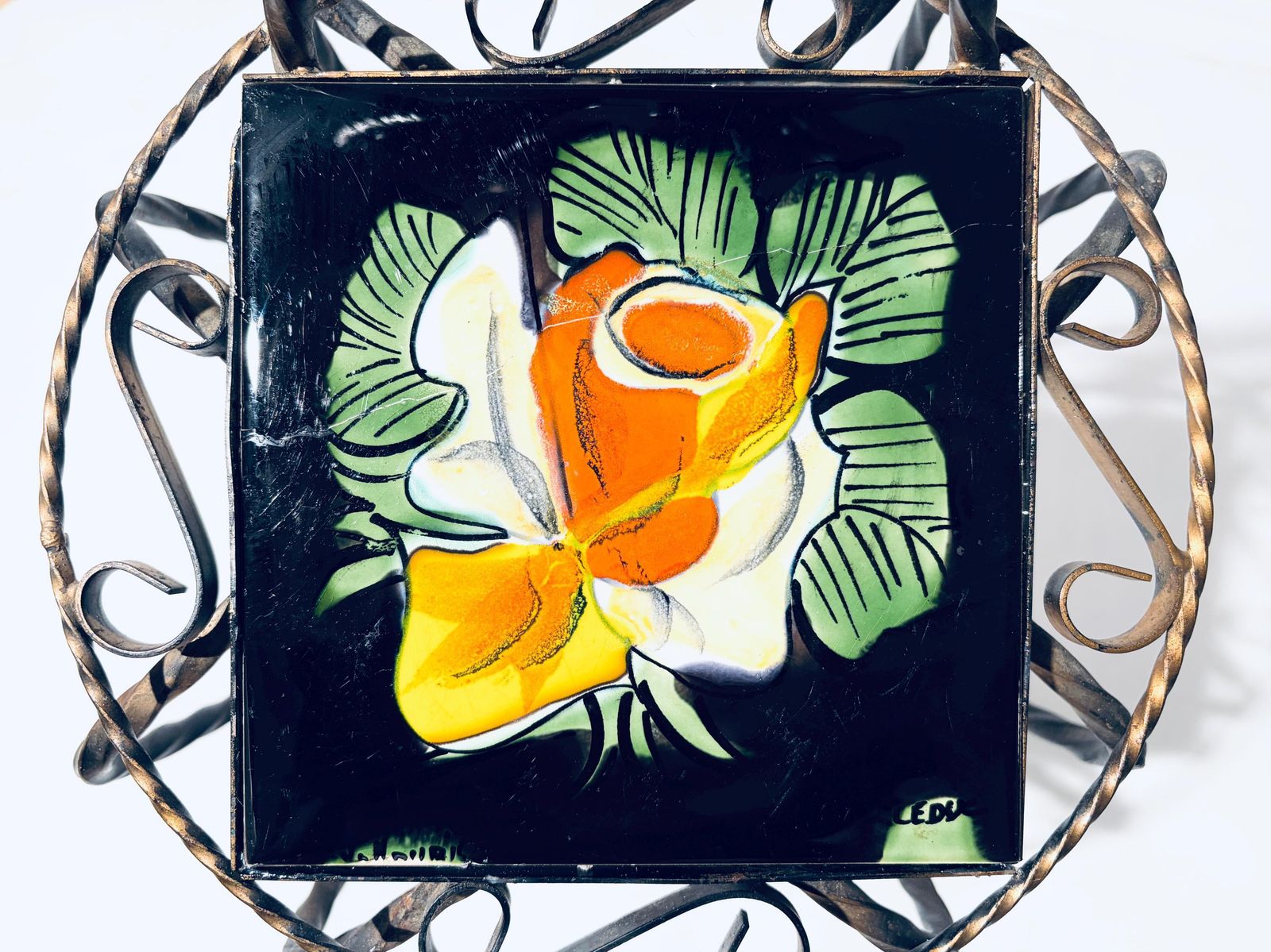 1950s Cast Iron Flower Stand Chair With Vallauris Ceramic Tile Flower Motif / Vintage French Design photo Home Decor