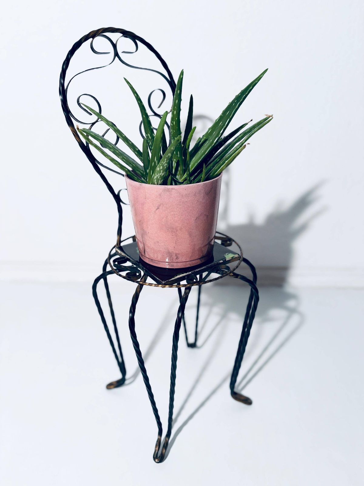 photo furniture 1950s Cast Iron Flower Stand Chair With Vallauris Ceramic Tile Flower Motif / Vintage French Design