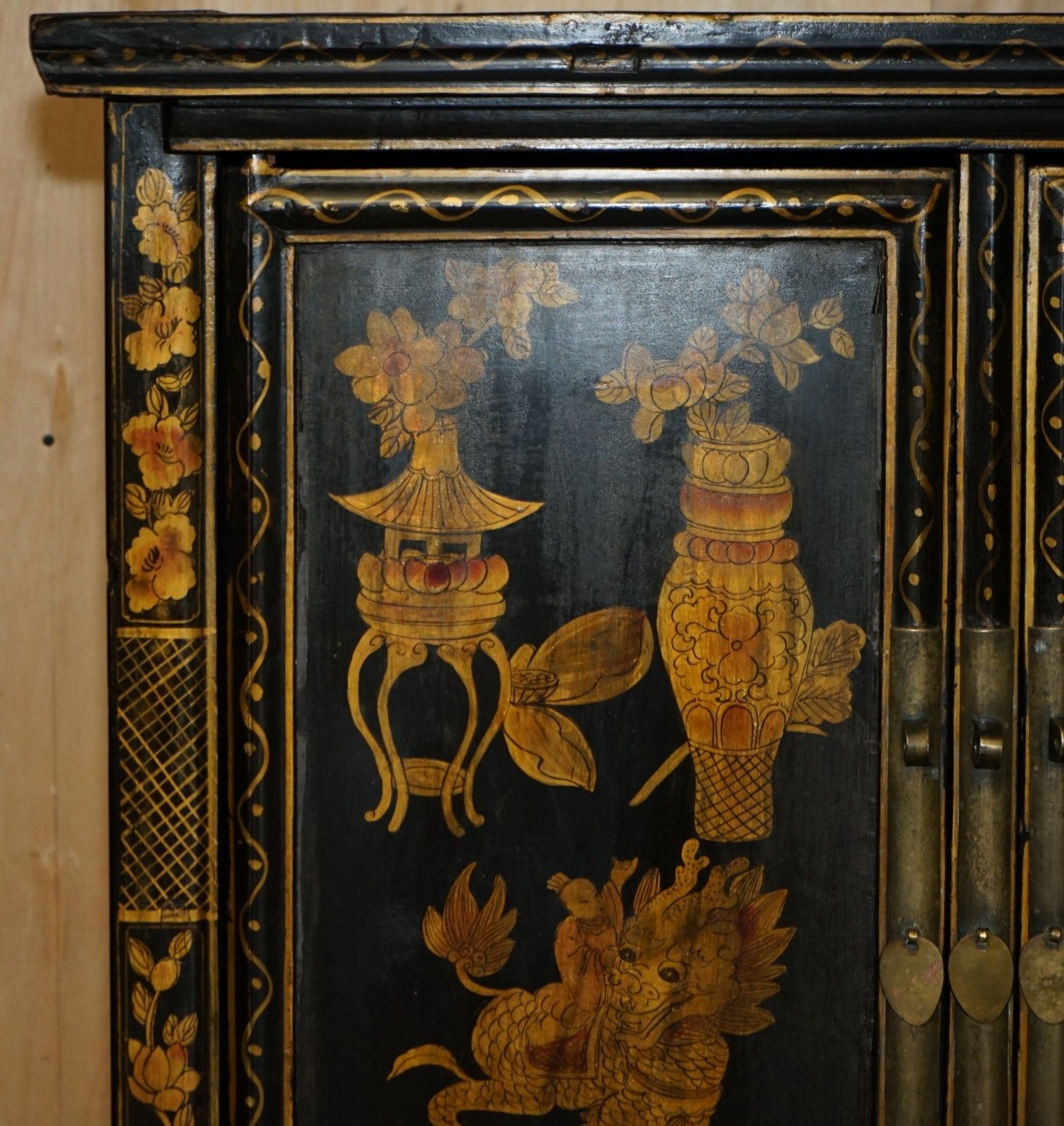 Chinese Export Chinoiserie Circa 1920 Painted Lacquered Wedding Cabinet Wardrobe photo vintage