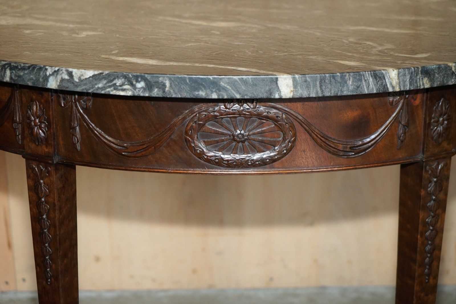 Pair Of 19th Century Mahogany Adams Demi Lune Wabi Sabi Marble Console Tables photo vinterior