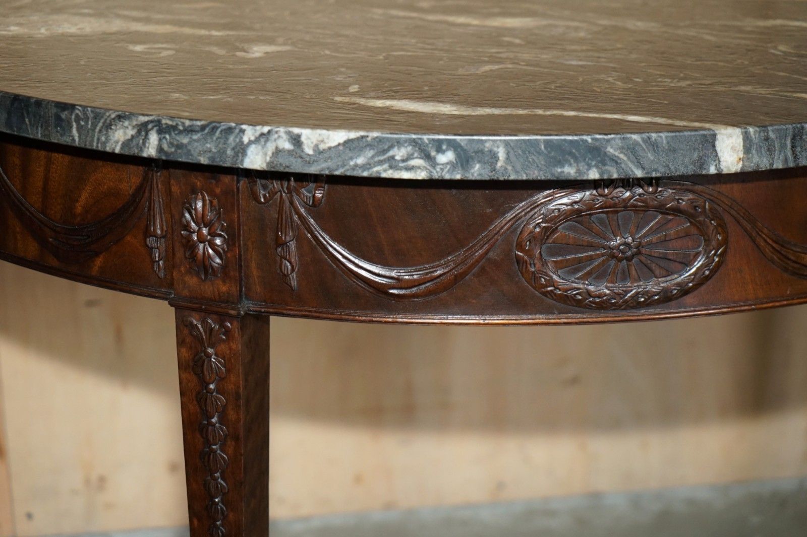 Pair Of 19th Century Mahogany Adams Demi Lune Wabi Sabi Marble Console Tables photo buy