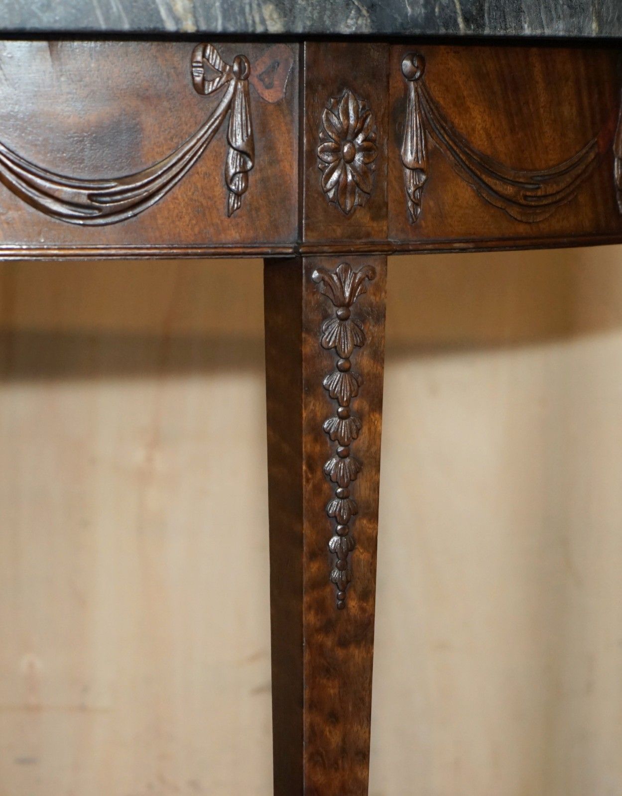 photo furniture Pair Of 19th Century Mahogany Adams Demi Lune Wabi Sabi Marble Console Tables