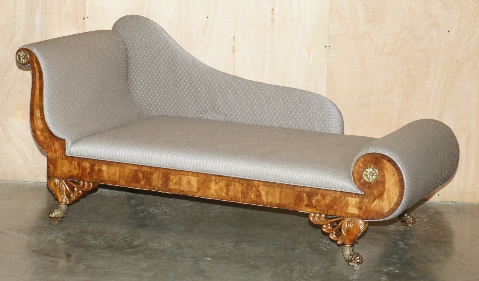 Hand Carved Flamed Mahogany Gold Gilt Brass Lions Paw Feet Regency Chaise Lounge photo furniture