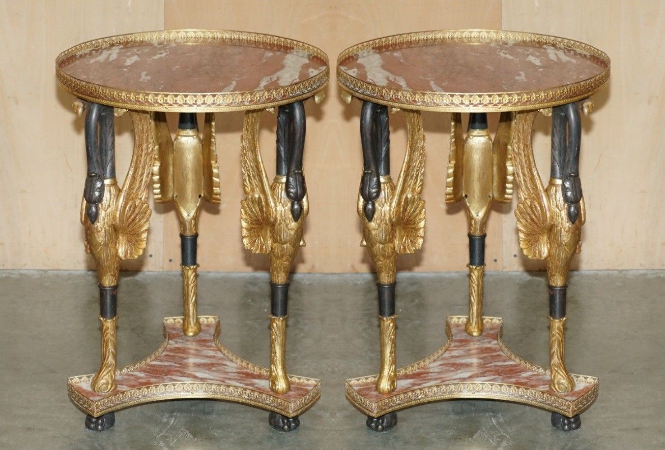 Important Pair Of Antique French Empire Brass Bronze & Marble Gueridon Tables photo furniture