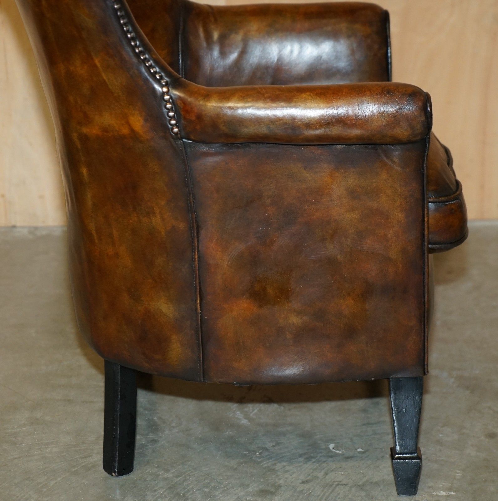 1750.0 Vintage Hand Dyed Cigar Brown Leather Tub Club Armchair Hand Studded Upholstery photo