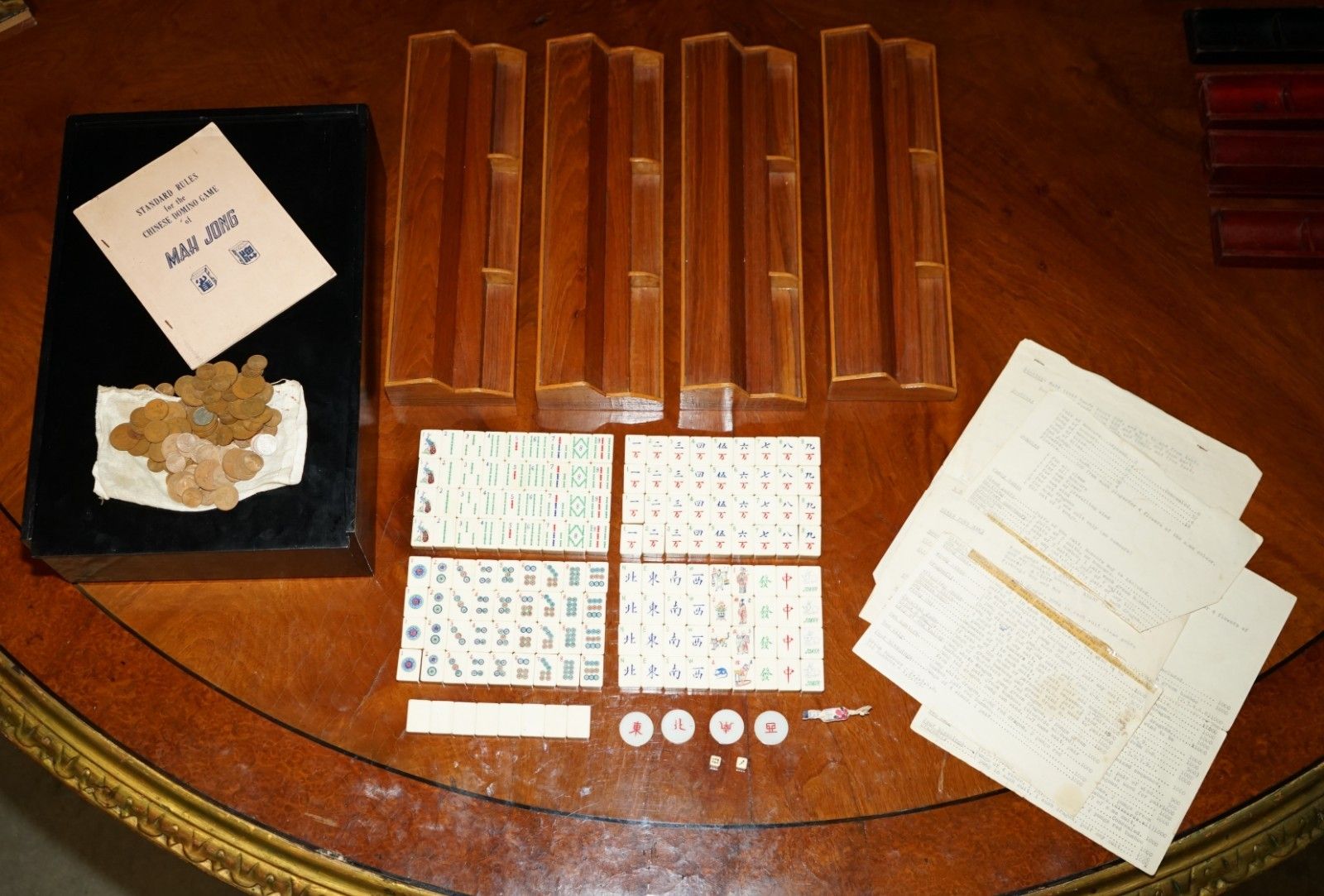 Antique Circa 1930 Chinese Mahjong Set + Counters Racks & Money In Original photo furniture