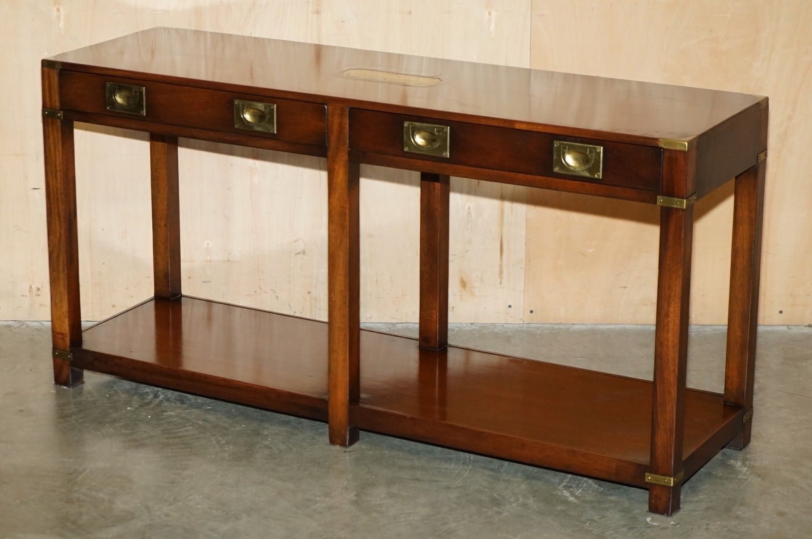 Stunning Harrods London Kennedy Twin Drawer Military Campaign Console Table photo for sale