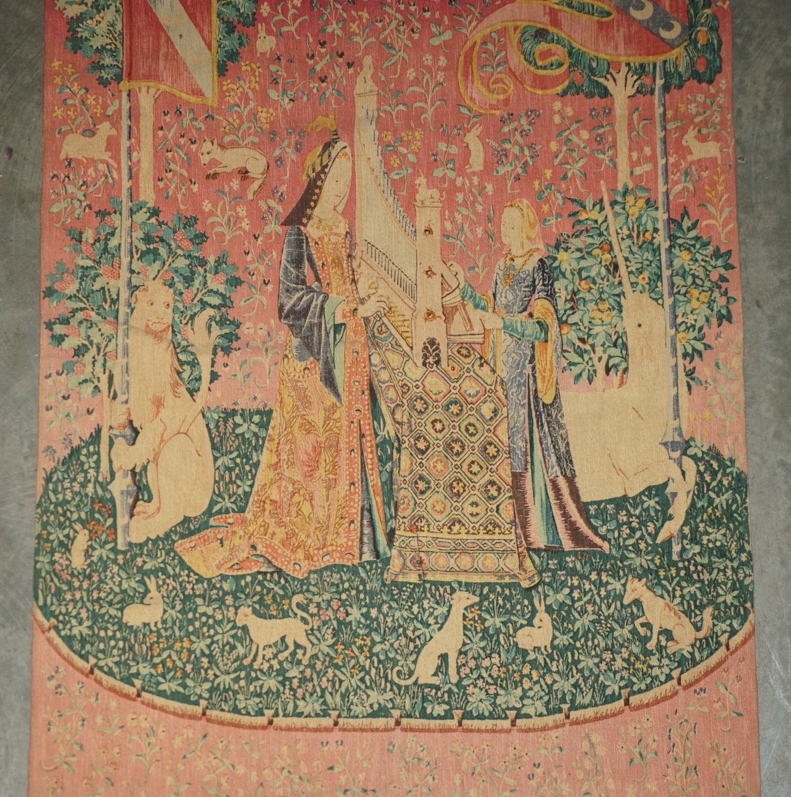 Mid Century Lady & The Unicorn Paris Made Tapestry With Old French Label Reverse photo Art