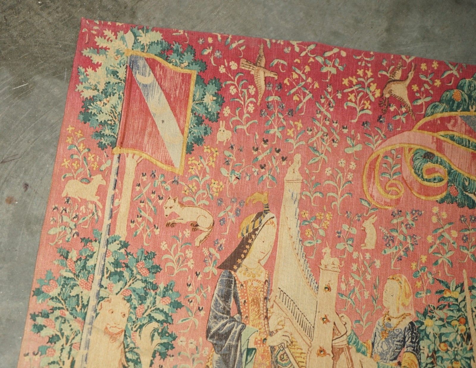 Mid Century Lady & The Unicorn Paris Made Tapestry With Old French Label Reverse photo 1350.0