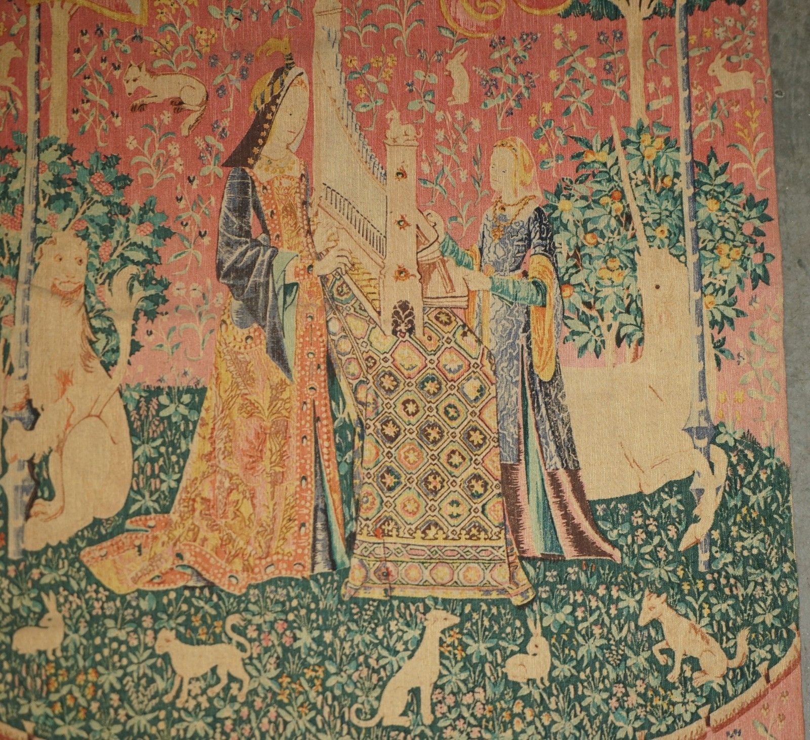 photo furniture Mid Century Lady & The Unicorn Paris Made Tapestry With Old French Label Reverse