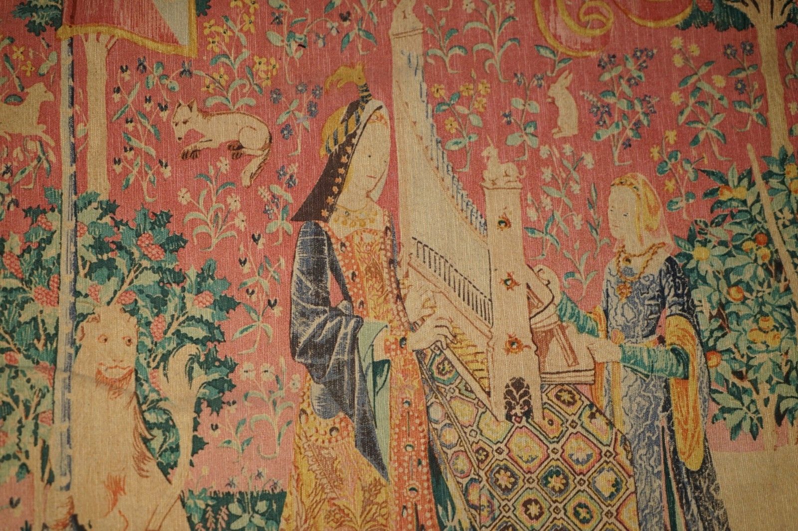 Art Mid Century Lady & The Unicorn Paris Made Tapestry With Old French Label Reverse photo