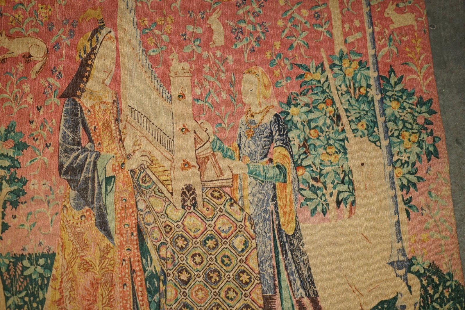 1350.0 Mid Century Lady & The Unicorn Paris Made Tapestry With Old French Label Reverse photo